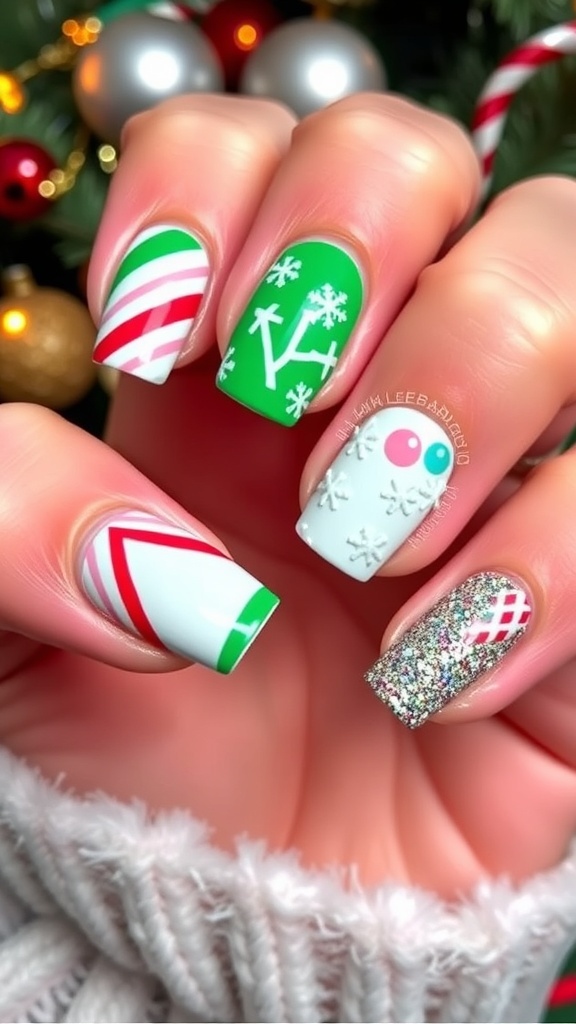 Colorful Y2K inspired Christmas nails with candy cane stripes and snowflakes.